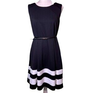 Calvin Klein Women's Classic Black White Sleeveless Belted Fit Flare Dress Sz 10